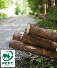 PEFC zertifiziertes Holz als Holzpolder im Wald